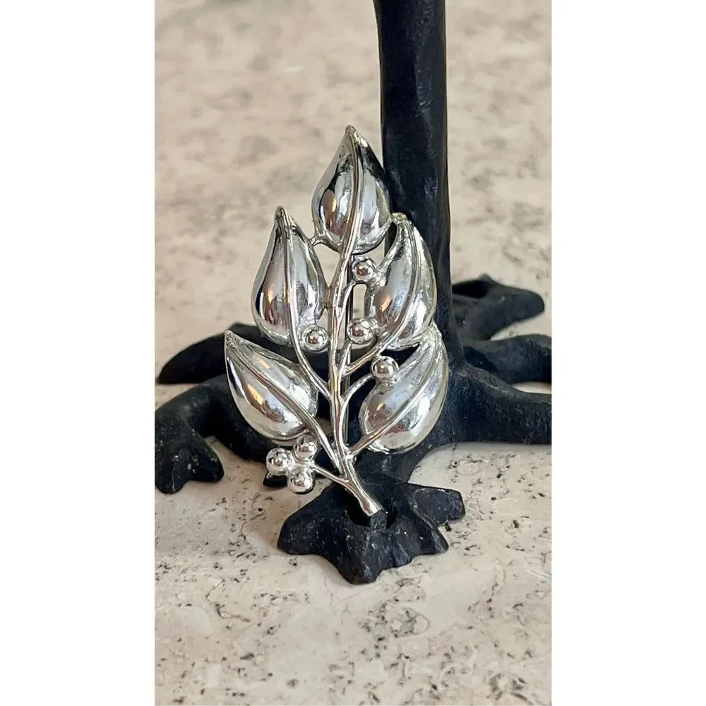 Vintage Sarah Coventry Stamped Brushed Silver Tone Leaf Floral Brooches Pins